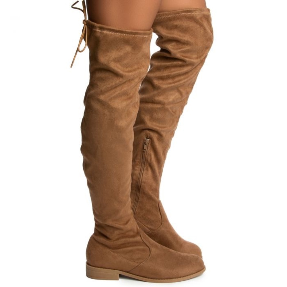 NWT Women’s Size 7 Wild Diva Oksana Over The Knee Drawstring Boot In Taupe Color